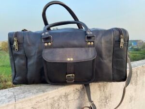 Large BLACK Duffle Men Genuine Leather Travel Luggage Gym Weekend Overnight Bag