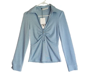 Zara women top Sz S Blue metallic ruched lapeled collard long sleeve button NWT - Picture 1 of 8