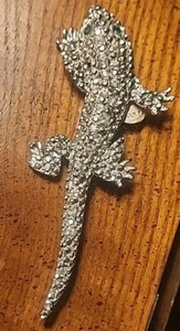 Lizzard Big Silver Tone Clear Rhinestone Green Eye Gecko Brooch Pin Figural 4.5 - Picture 1 of 6
