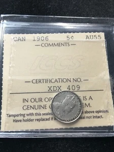 1906  (ND) ICCS Graded Canadian Small Silver Five Cent, **AU-55** #XDX 409 - Bild 1 von 7