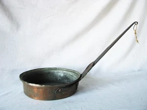 ANTIQUE ARTS CRAFTS COPPER HAMMERED BRASS FLARE HANDLE CHAFING COOK PAN POT  - Picture 1 of 7