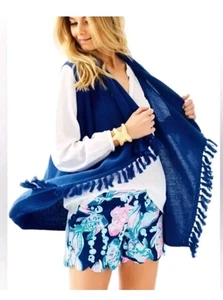 Lilly Pulitzer Strick Pullover Weste Damen MEDIUM blau vorne offen Fransen Quaste - Bild 1 von 9