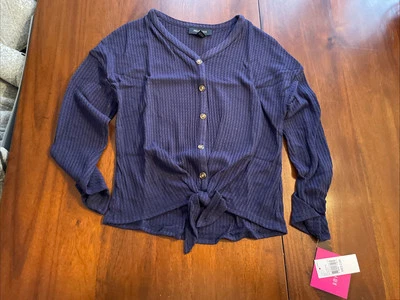 Amy Byer Girls' Long Sleeve Button Up Tie Front Top Navy Blue  Medium 10/12 NEW - Image 1 of 4