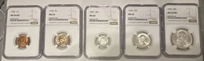 1950 UNCIRCULATED SET- Graded By NGC 63-64, Full Bell Lines Franklin 50c - Image 1 of 2