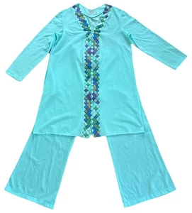 Emilio Pucci Formfit Rogers VTG 60s Aqua 2 pc Lounge Wear Set Embroidered Sz S - Picture 1 of 17