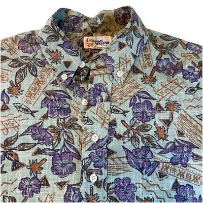 VTG Rey Spooner Hawaiian Mens Pull Over Reverse Print Shirt Sz L Purple Green - Image 1 of 4