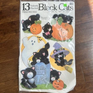 VTG New Peck 13 Black Cats Flocked Halloween Wall Decorations Die Cut 7 Pieces - Picture 1 of 11