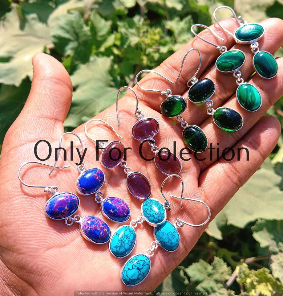 Lote de pendientes enchapados en plata de ley 925 de malaquita y mezcla de piedras preciosas joyería hippie Foto 1 de 2