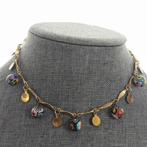 Vintage Murano Millefiori Glass Colorful Beaded Gold Tone Disc Venetian Necklace - Picture 1 of 4