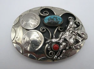 Southwestern Silver Belt Buckle Buffalo Nickels, Bull rider, Turquoise & Coral - Picture 1 of 6