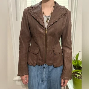 Vintage Brown Leather Jacket Beaded Embroidered Ruffles Y2K Blanc Noir Sz Large - Picture 1 of 10