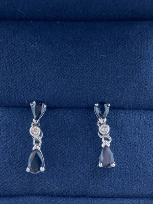14K White Gold Sapphire Diamond Dangle Earrings - Image 1 of 4
