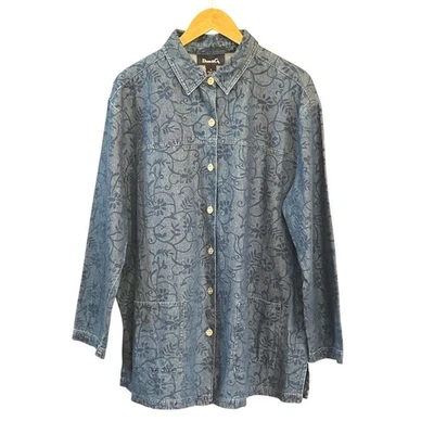 "Denim & Co Floral Denim Shirt Jacket 1X Hong Kong Vintage Cottagecore - Image 1 of 4