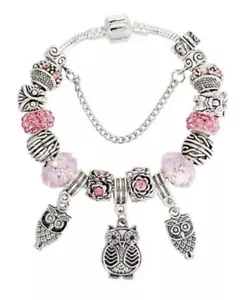 Rosa Eule Europäische Perle Silber Charm Schlange Flex Armband für Mama Frau Oma - Bild 1 von 3