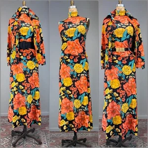 Vtg 70s Skirt Dagger Collar Blouse Sleeveless Top Big Scale Psychedelic Florals - Picture 1 of 15