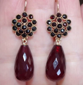 Exquisitos Pendientes Grandes Alargados 14K Semilla Granate Victoriano Palanca Trasera - Imagen 1 de 13