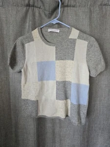 Brunello Cucinelli Cashmere Short Sleeve Geometric Sweater Sz Small Grey & Blue - Picture 1 of 8