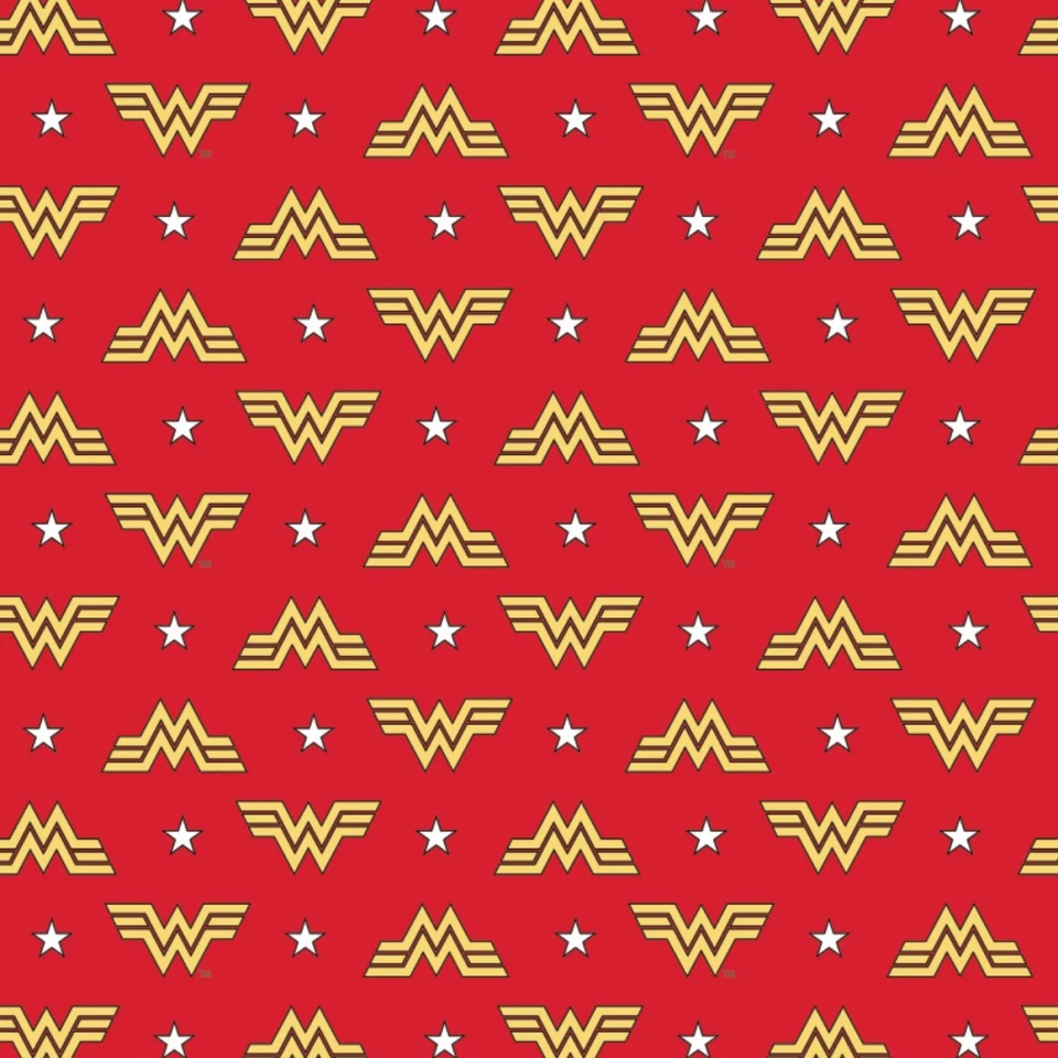 BTY Wonder Woman WW84 Gold Logo White Star Red Cotton Flannel Fabric By The Yard - Image 1 of 1