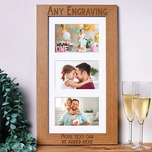 Personalised Wooden Triple Photo Frame Engraved Any Message Clean Font B48-19 - Picture 1 of 1