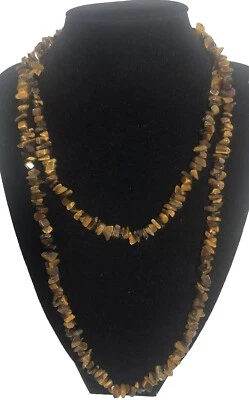 Vintage Tiger Eye Chip Necklace Honey Brown Polished long 38 in Boho Hippie 70s - Image 1 of 4