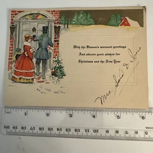 Vintage viktorianische Weihnachtskarte - Paar vor der Haustür des Hauses Schnee - Bild 1 von 2