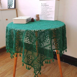 Vintage Crochet Lace Tablecloth Rectangular Hollow Doily Tassel Table Cover - Picture 1 of 15