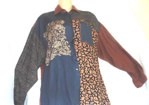 Together Rayon Black & Brown Design Button Front Long Sleeve Shirt Blouse - Picture 1 of 3