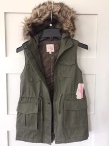 New with Tags! Gianni Bini Girls Sz L 14-16 Olive Green Vest with Fur Trim Hood - Picture 1 of 4