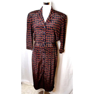Винтажный Liz Roberts midi платье 3/4 рукав кнопка спереди геометрический 80-х красный темно-синий - Изображение 1 из 4