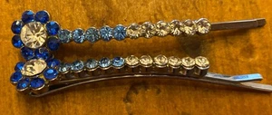 Vintage Set Pair of Silver Tone  Blue Floral Bobby Pin Hair Pins - Picture 1 of 4