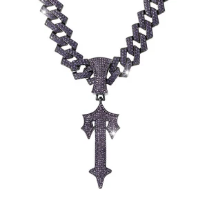 Stainless Steel Men's Cuba Chain Purple Cross Diamond Pendant Hip-Hop Necklace - Picture 1 of 8