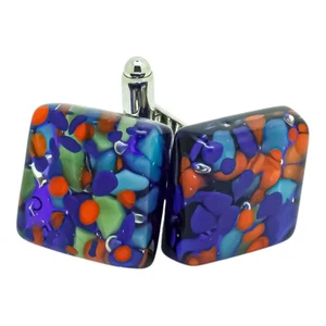Murano Glass Cufflinks Blue Orange Green Pair Square - Picture 1 of 6