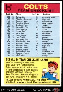 1974 Topps Checklist Indianapolis Colts Team 3 - VG - Picture 1 of 25