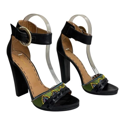 Nine West Beaded Black Leather High Heels Ankle Strap Open Toe Women’s Size 8 - Imagem 1 de 4