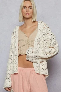 Cárdigan suéter con capucha frontal abierto de ganchillo talla única POL en beige crema - Imagen 1 de 6
