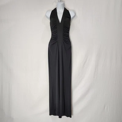 Vtg Moda International Black Maxi Halter Dress Ruched Body con Draped Size 0 - Image 1 of 4