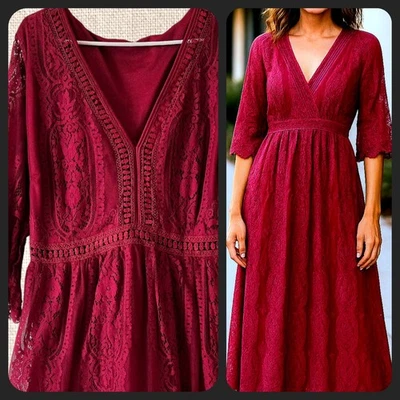 蔓越莓红色蕾丝长裙活动假日婚礼 V 领荷叶边袖 /24 — 第 1/4 张图片