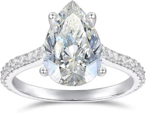 3CT Pear Moissanite Ring 14K White Gold 4-Prong Size 7 - NIB - Picture 1 of 6
