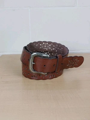  Woman’s Brown Laser Cut Perforated Leather Belt 3XL Plus Size Scalloped Edge  - Image 1 of 4