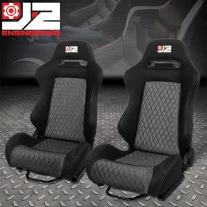 2X J2 UNIVERSAL GREY STITCHING MESH BACK RECLINABLE RACING BUCKET SEATS+SLIDERS - Bild 1 von 10