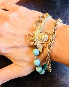 Bohemian Magical Fae Spirited Honey Bee Howlite Beaded Golden Aura Bracelet - Picture 1 of 8