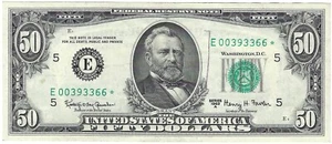1963A Fifty Dollar Fancy Star Note E00393366*  Richmond Three 3s Pair 0s 6s - Picture 1 of 2