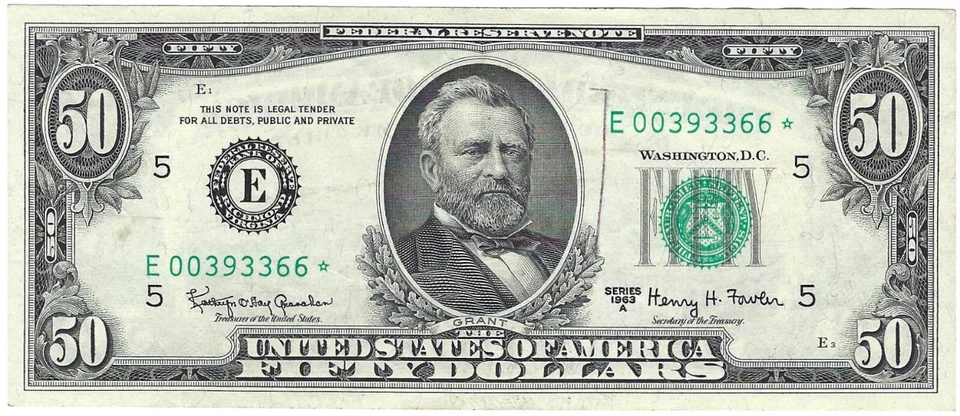 1963A Fifty Dollar Fancy Star Note E00393366*  Richmond Three 3s Pair 0s 6s - Image 1 of 2