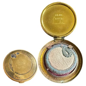 Vintage Antique Blue Rose Lanchere Round Brass Rouge Pink Powder Compact Makeup - Picture 1 of 12