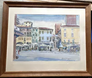 AQUARELL MEDIERRANER MARKT °UNLESERLICH SIGNIERT °Piazza delle Erbe in Verona - Bild 1 von 7