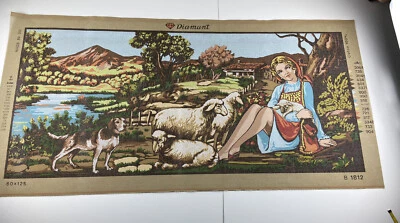 Diamant Needlepoint Tapestry Canvas Girl Sheep Dog Mountain 43in X 19in 10 Count - Image 1 of 4