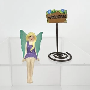 Mini Garden Fairy Figures Lot Of 2 Pot Decoration & Welcome Sign - Picture 1 of 3