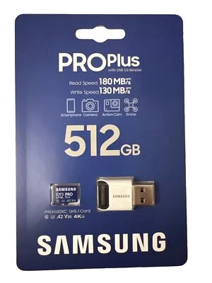 Brand New SAMSUNG - PRO Plus 512GB microSDXC UHS-I Card with USB 3.0 Reader - Image 1 of 4