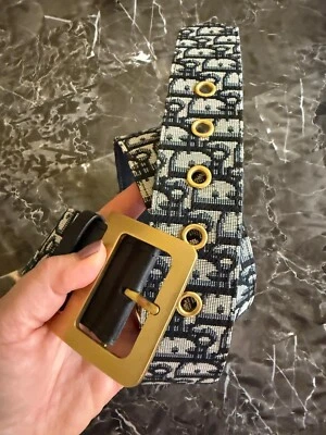 ¡Nuevo! Cinturón CHRISTIAN DIOR Logo Patrón Lona/Cuero Azul Talla:95 Foto 1 de 4