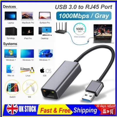 USB 3.0 To Ethernet Adapter Rj45 Network LAN Gigabit 1000mbps for PC Laptop Mac - Image 1 of 4